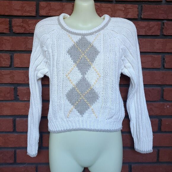 Vintage 90s Hand Knit Cropped Sweater XS Petite Long Sleeve Argyle Chunky Preppy - Picture 2 of 9